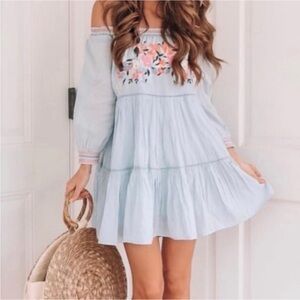 Free People Embroidered Sunbeams Mini Dress Large Blue Babydoll Off the Shoulder
